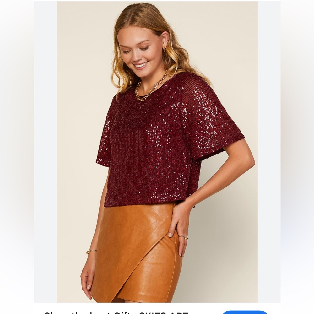 Skies Are Blue Burgundy Sequin Short Dolman Sleeve Blouse